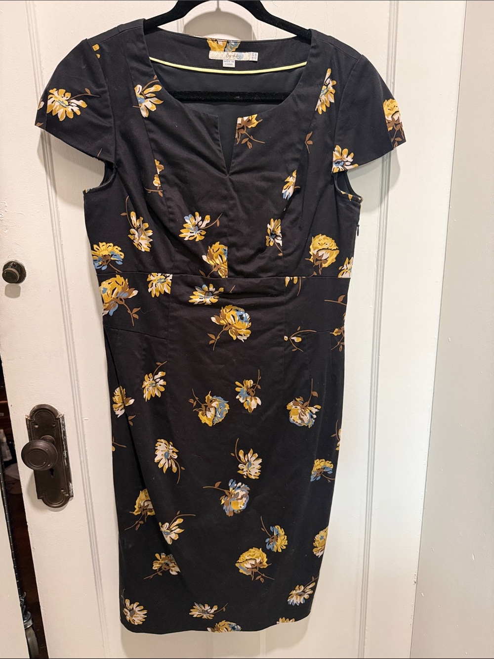 Boden Black Midi Dress with Yellow & Light Blue Floral Print